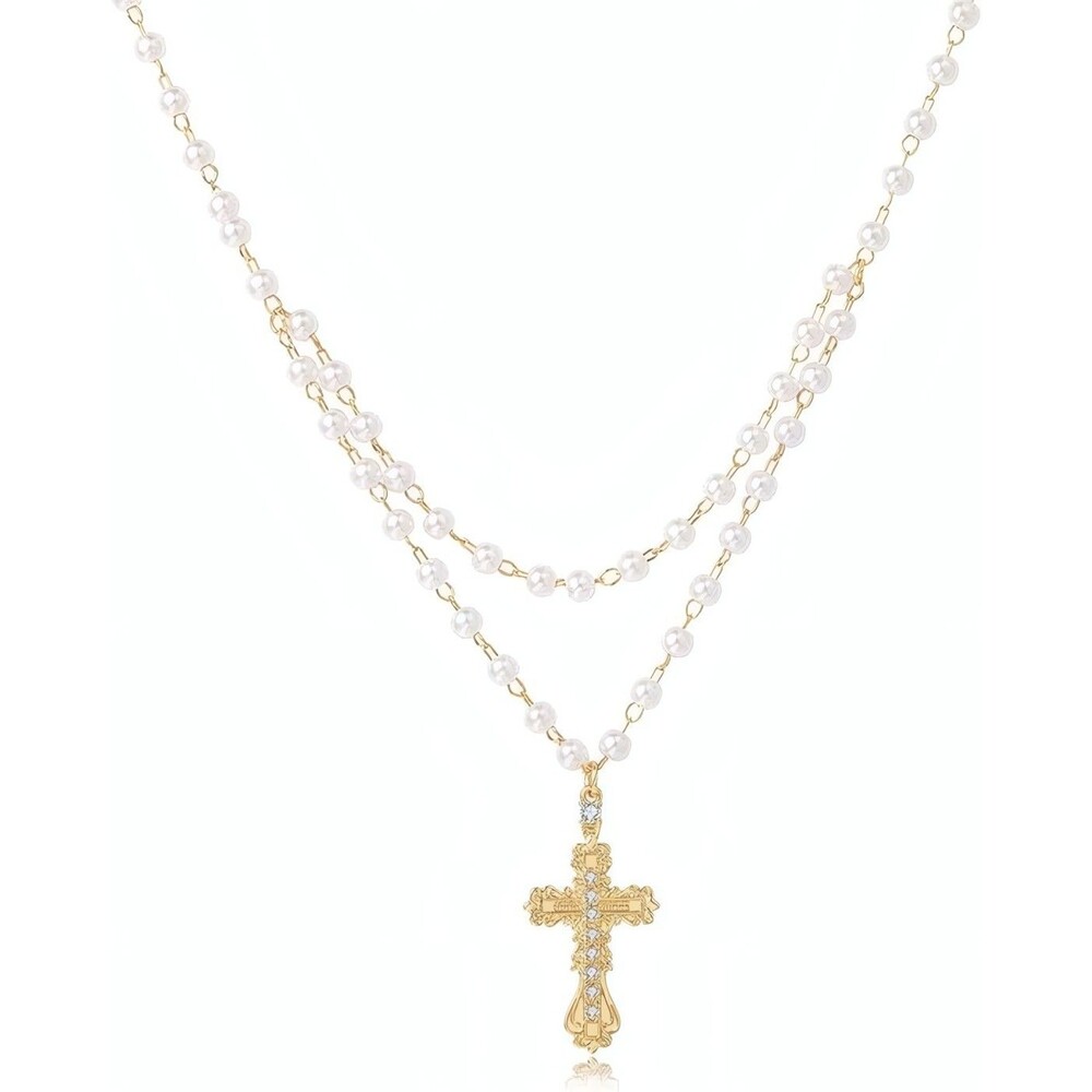 Gold Plated Layered Pearl Cross Pendant Choker Necklace Faith Jewelry Women